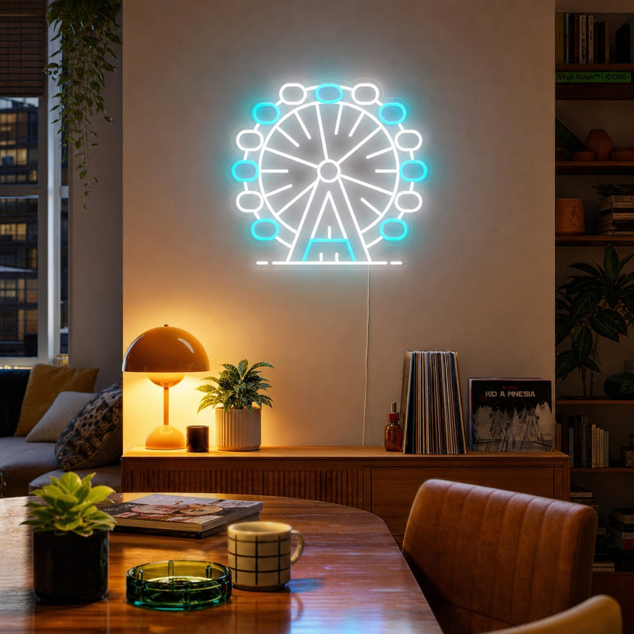 A bright 'Ferris Wheel London Eye' neon sign mounted on a textured brick wall in a cozy living room, illuminating the space with a warm glow.