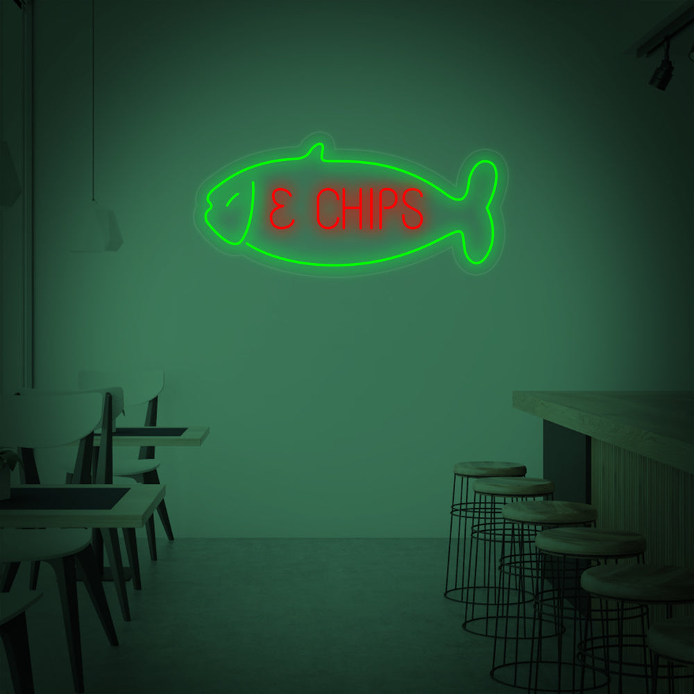 A flat graphic design of the 'Fish & Chips' neon sign, showing the font and color details clearly.