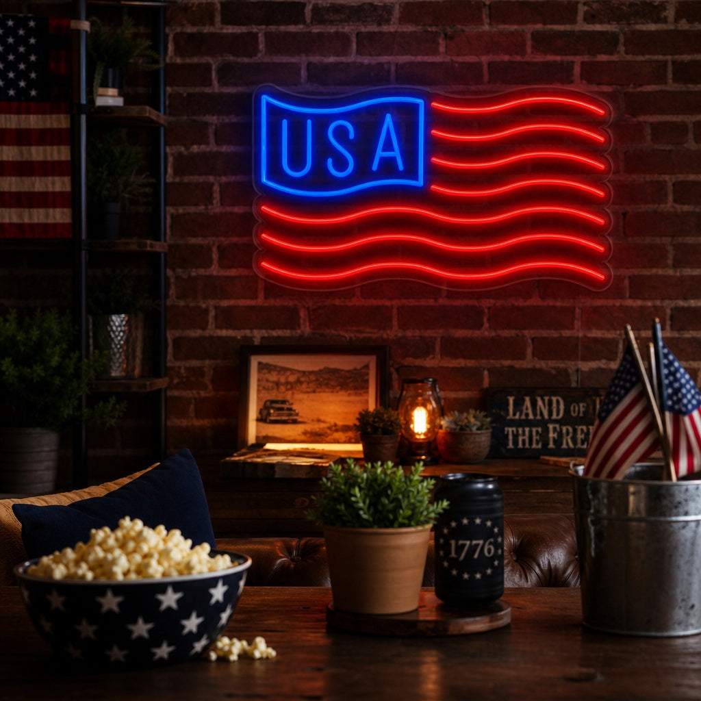 A glowing LED USA Flag Neon Sign with red, white, and blue lights, mounted on a brick wall with clear acrylic backing, depicting the American flag in neon tubing.