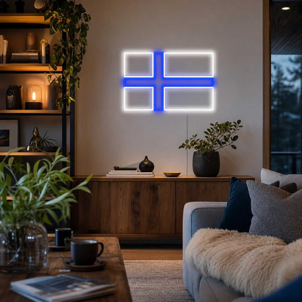 A Flag of Finland neon sign glowing on a textured wall in a modern living room setting.