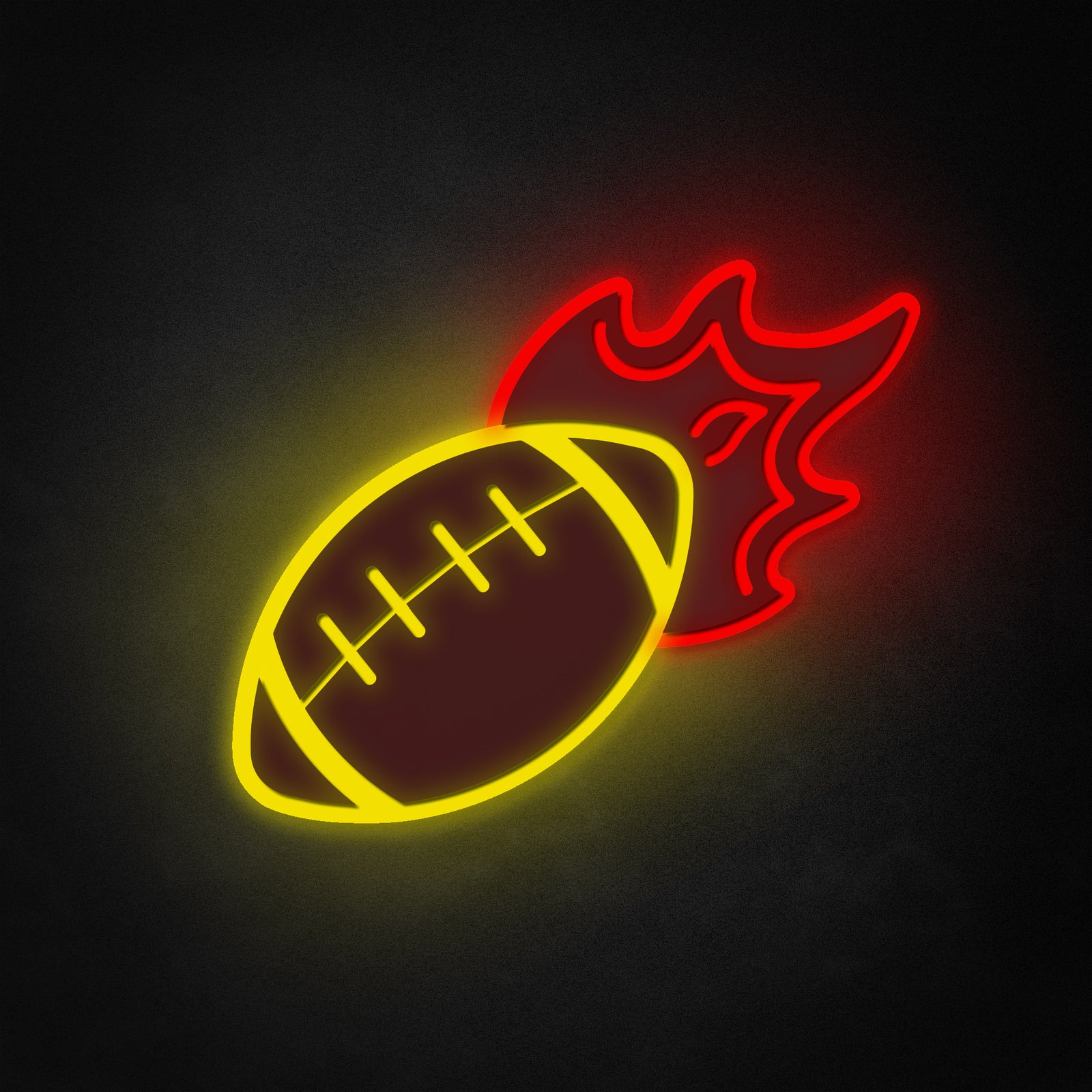 A graphic representation of a flaming football neon-like sign with vibrant faux-neon illumination effects on a textured background.
