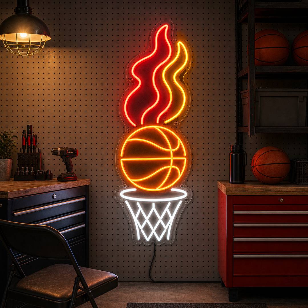 Flaming Basketball Game Day Hoops Neon Sign