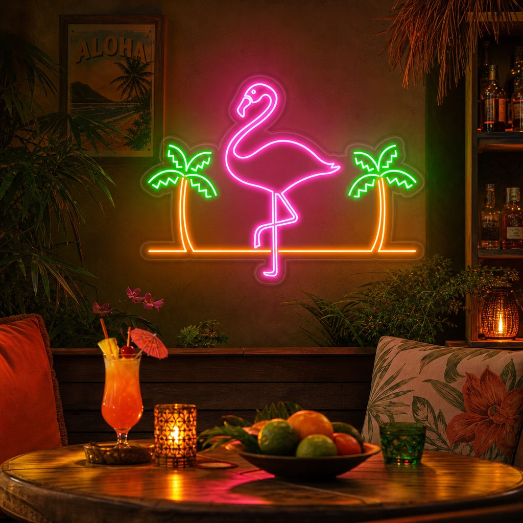 Vibrant pink flamingo and green palm tree neon sign glowing above a bed in a modern tropical-themed bedroom