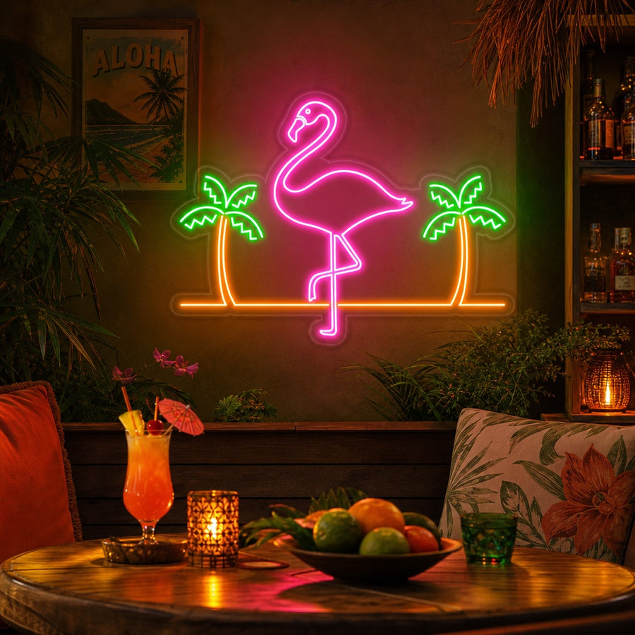 Vibrant pink flamingo and green palm tree neon sign glowing above a bed in a modern tropical-themed bedroom