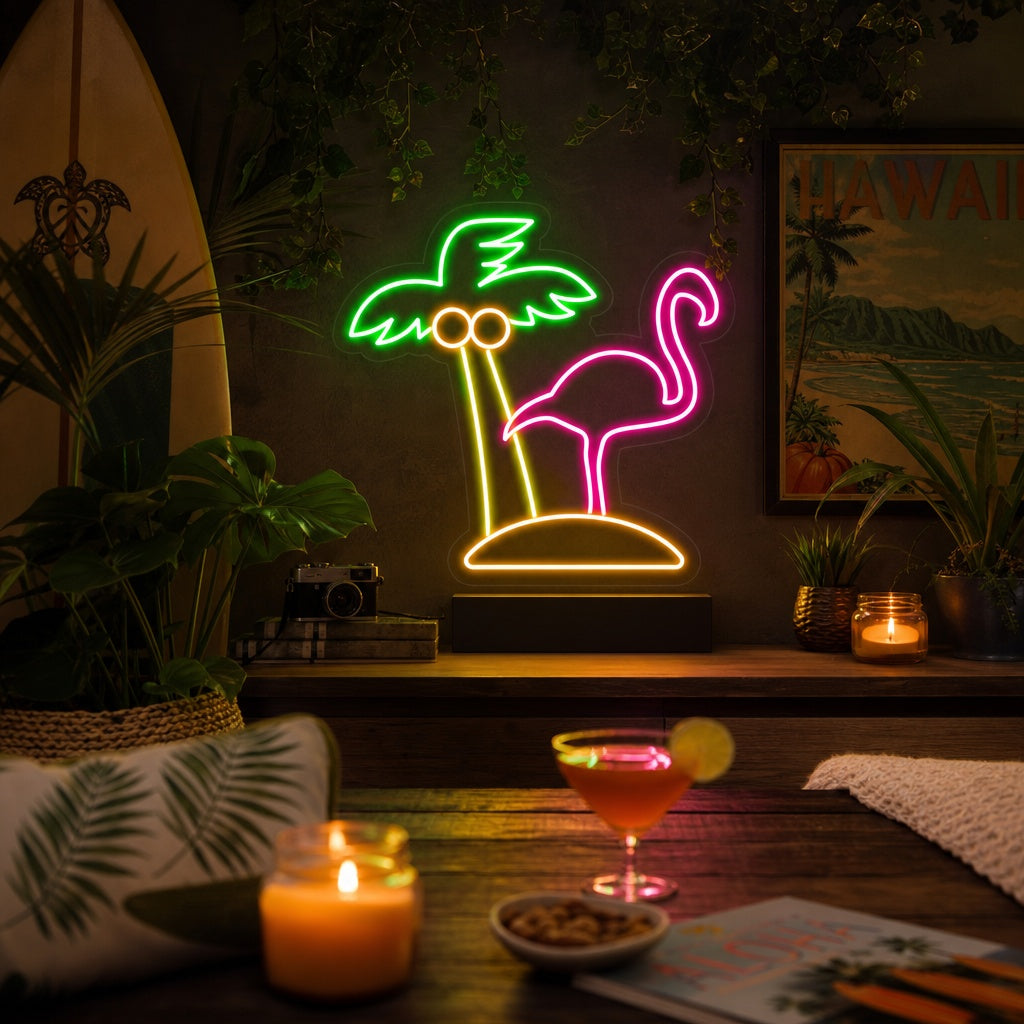 A Flamingo Palm neon sign glowing with pink and green light mounted on a wall in a chic room.