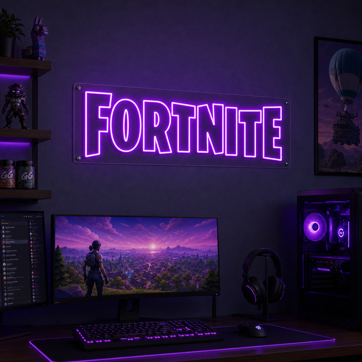 Fortnite neon sign glowing blue on a dark wall above a gaming desk setup in a dimly lit room.