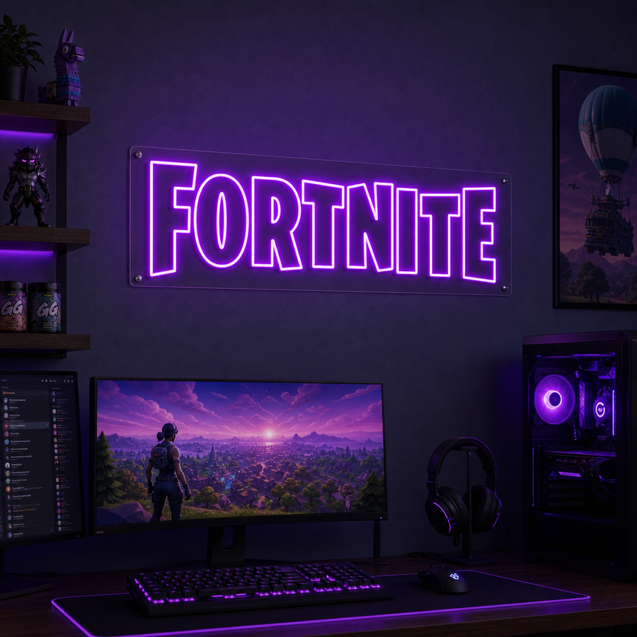 Fortnite neon sign glowing blue on a dark wall above a gaming desk setup in a dimly lit room.