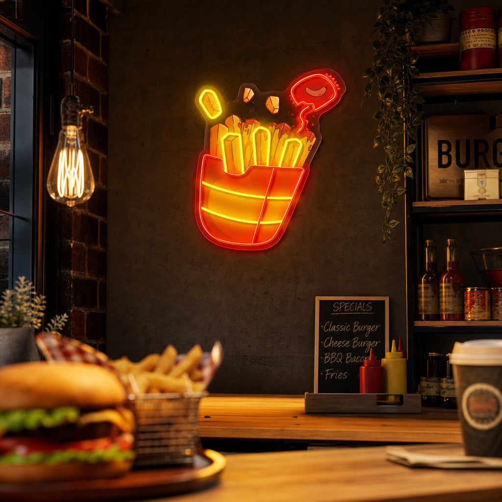 A illuminated neon sign depicting French fries with chili sauce on a dark background.