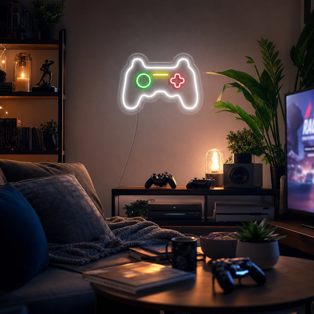 Game Mini Controller style glowing neon wall sign mounted above a desk with a laptop.