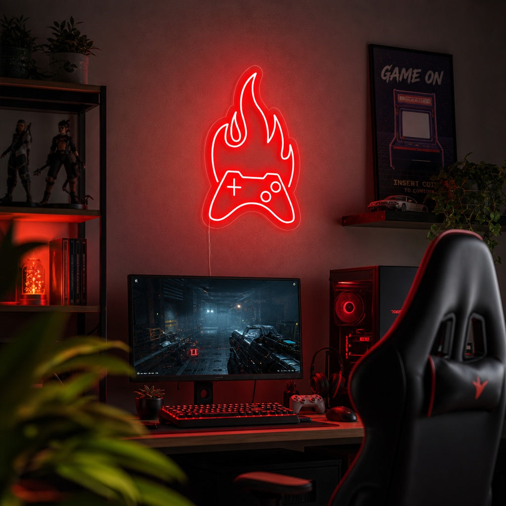 "Gamepad On Fire, Gamer Decor" Neon Sign