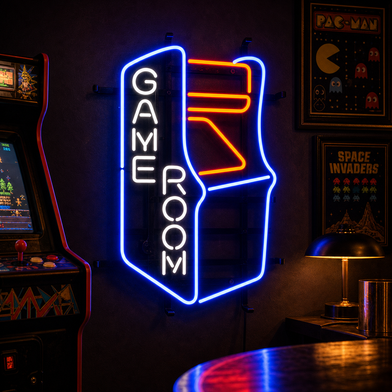 A real photograph of the 'Retro Game Room' vintage neon sign glowing brightly in a dimly lit room, showcasing its vibrant orange and purple colors and clear glass tube construction.