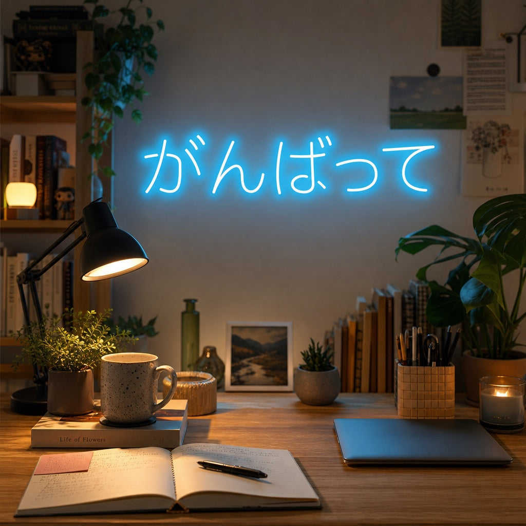 Ganbatte Do Your Best Japanese characters glowing neon sign mounted on a dark textured wall in a modern living room setting