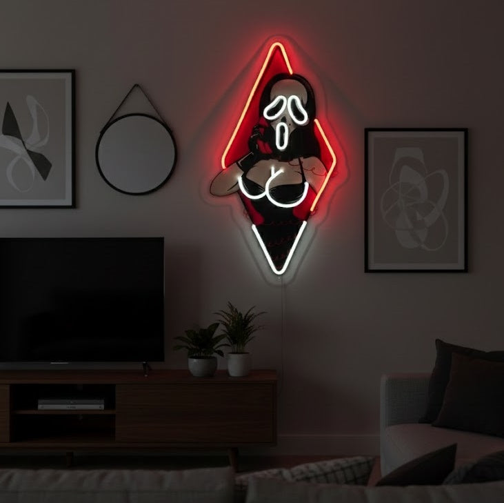 A glowing neon sign showing a stylized woman wearing a Ghost Face mask, mounted on a dark brick wall.