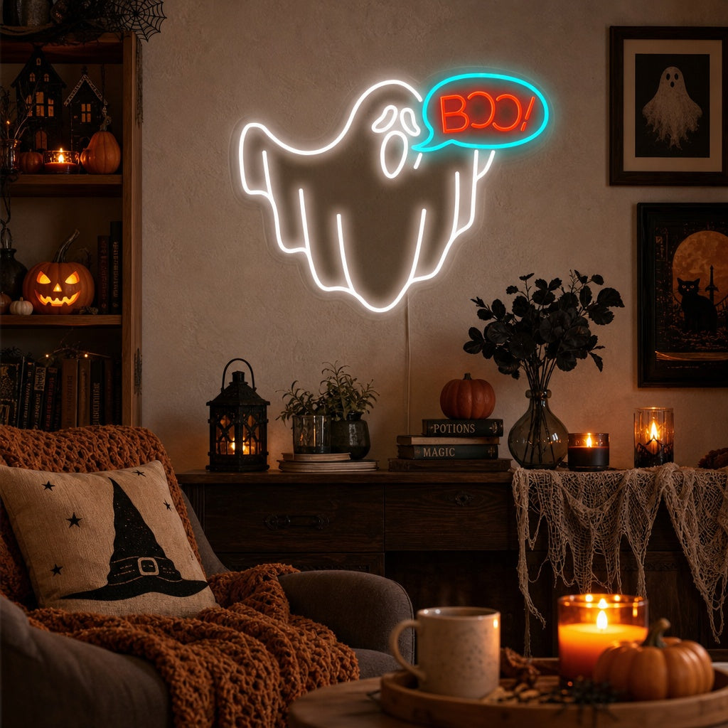 A glowing neon sign of a cartoon ghost saying 'Boo' mounted on a rustic wooden wall above a cozy Halloween-themed display.