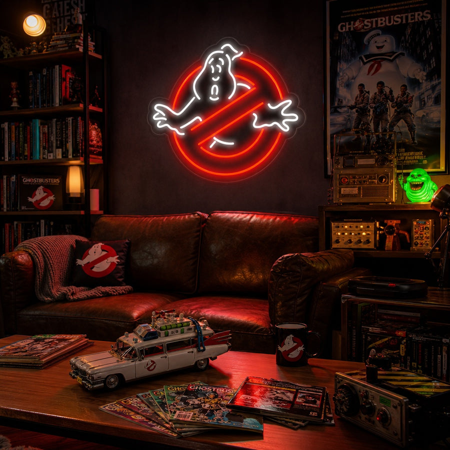 A vibrant Ghostbusters Ghosts neon sign glowing brightly, showing the iconic cartoon ghosts from the movie franchise.