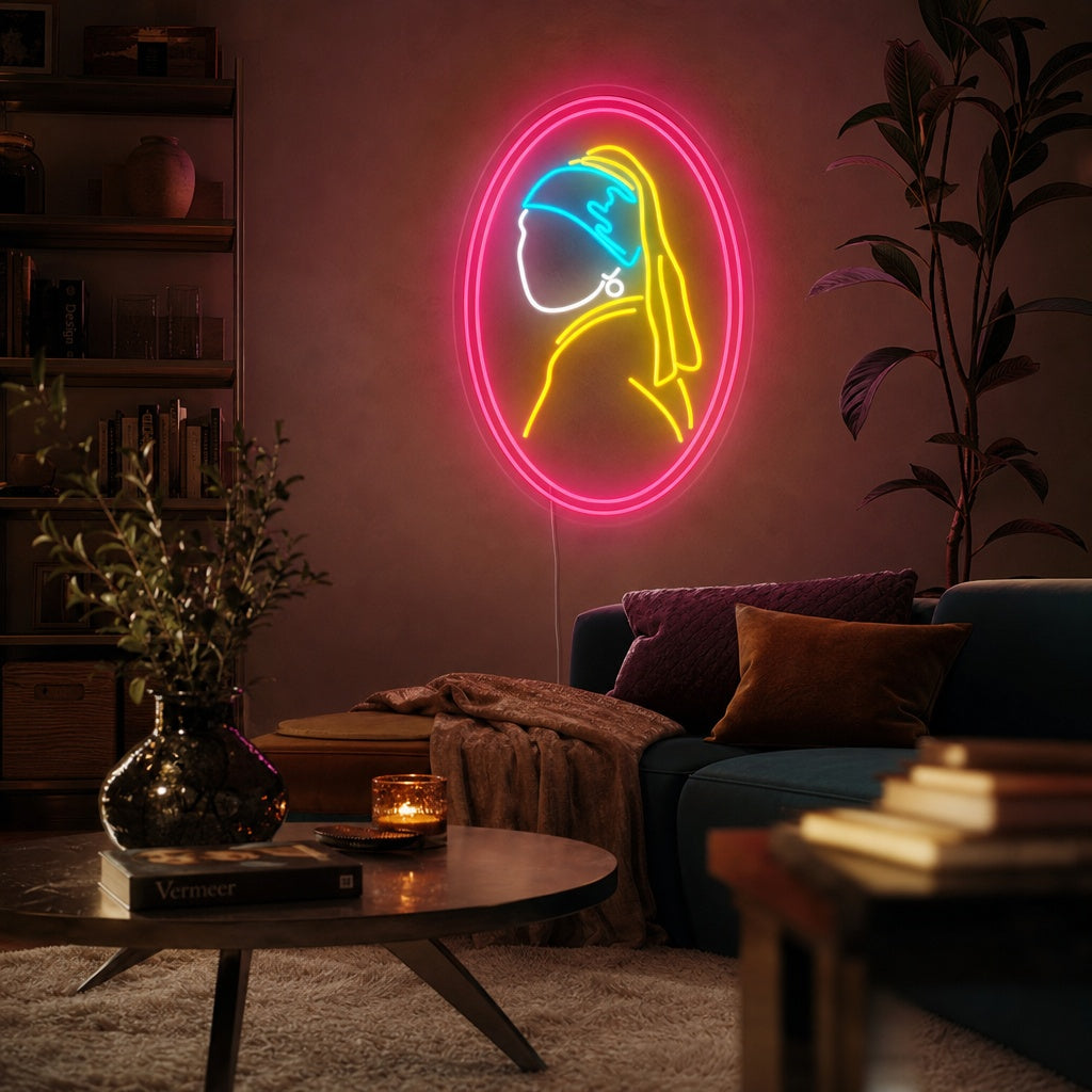A glowing neon wall sign recreating the famous Vermeer painting 'Girl with a Pearl Earring' in artistic purple and yellow neon lines, hanging in a modern living room above a couch.