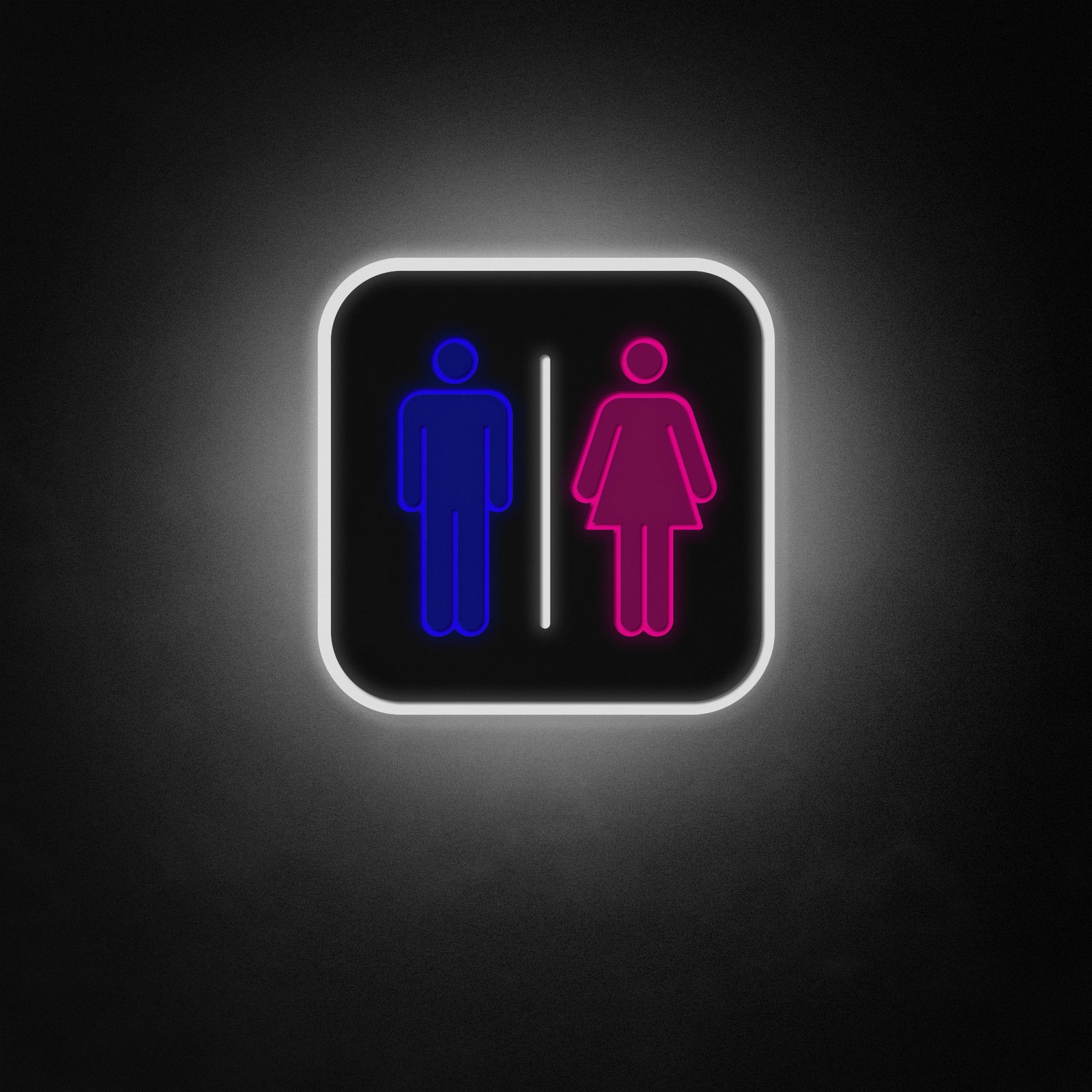 Girls and boys restroom logo neon sign with inclusive icons glowing against a brick wall