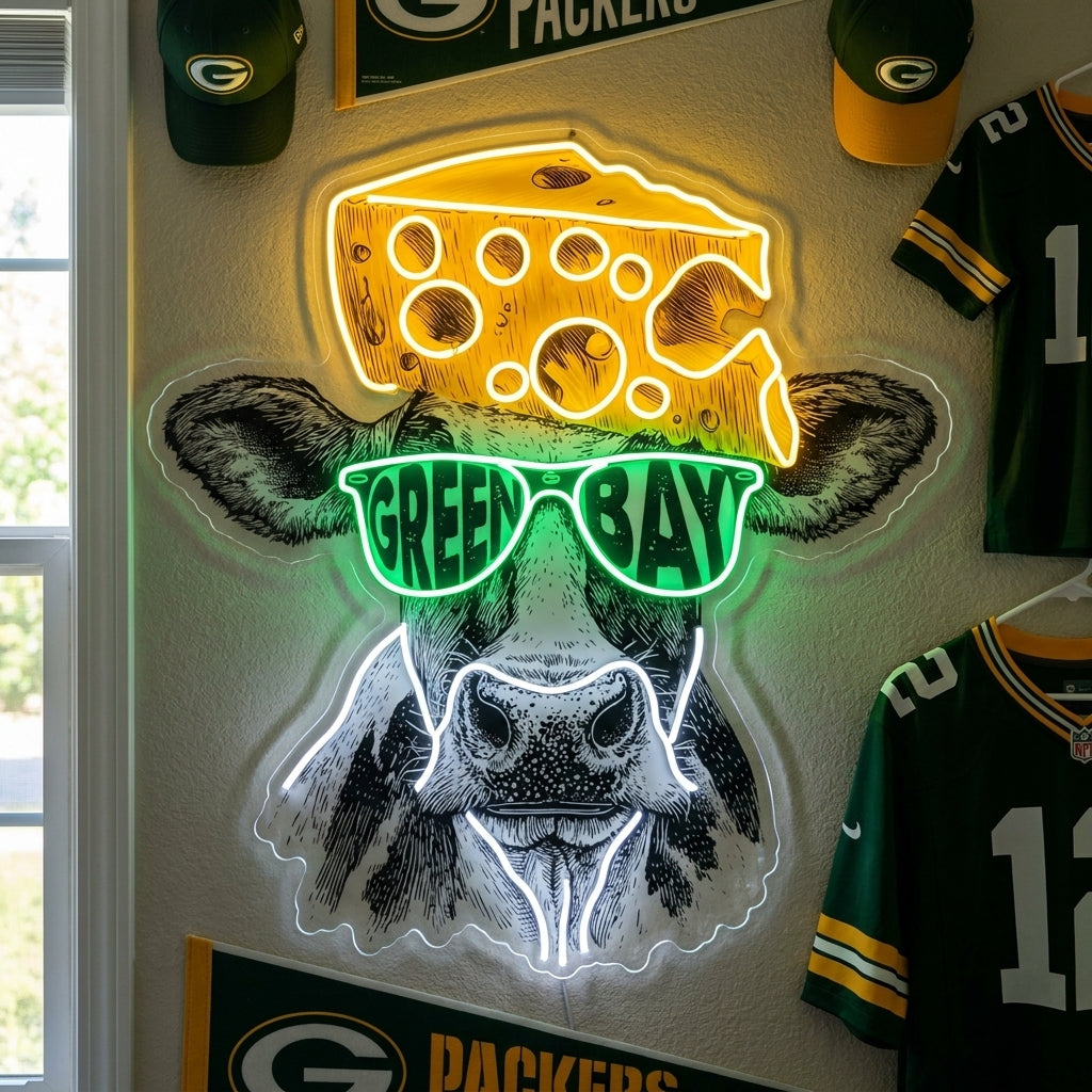 Cheesehead cow Green Bay Packers neon sign wearing Green Bay sunglasses