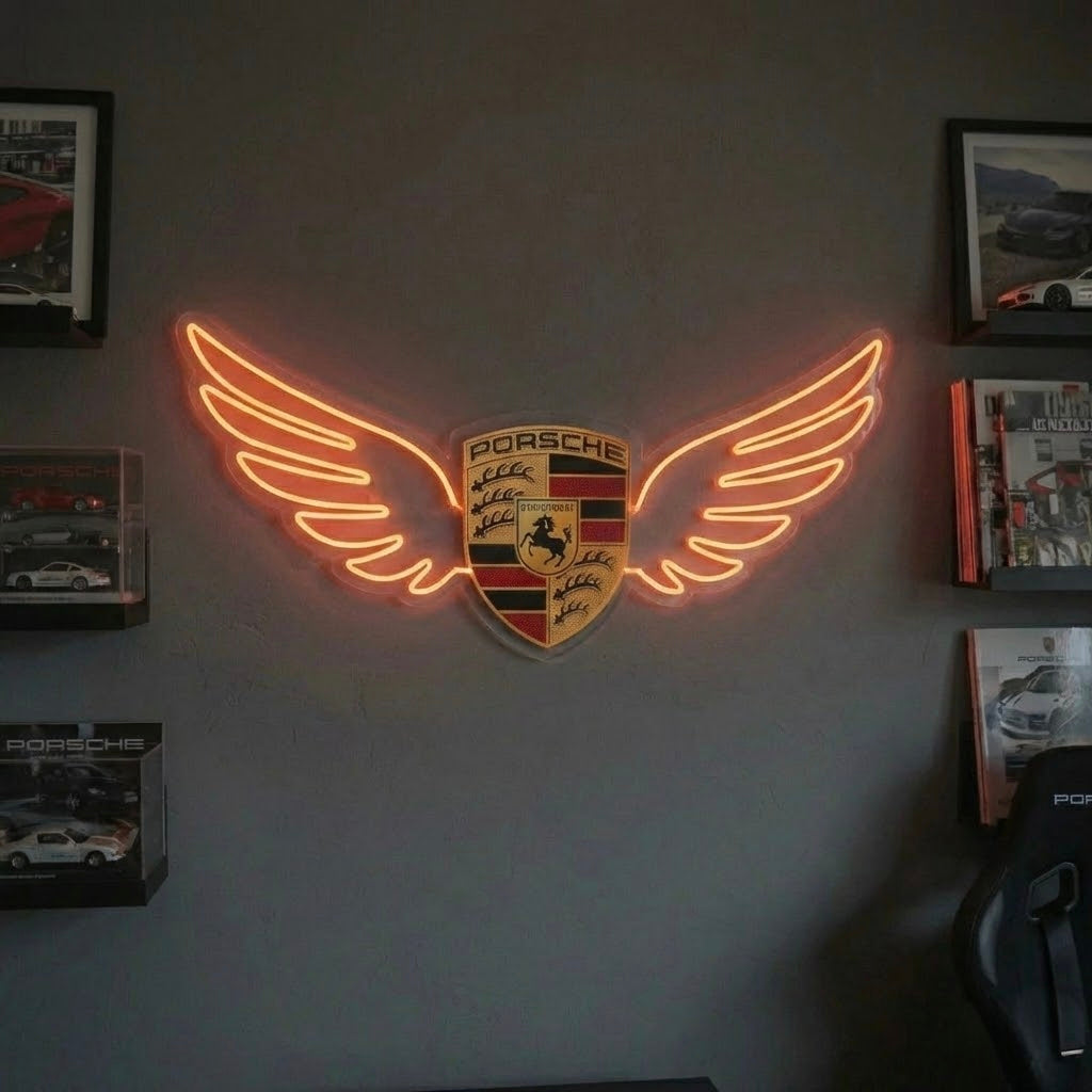 A vibrant neon wall sign depicting a stylized sports car with outspread wings, illuminated against a slightly distressed dark wall background.