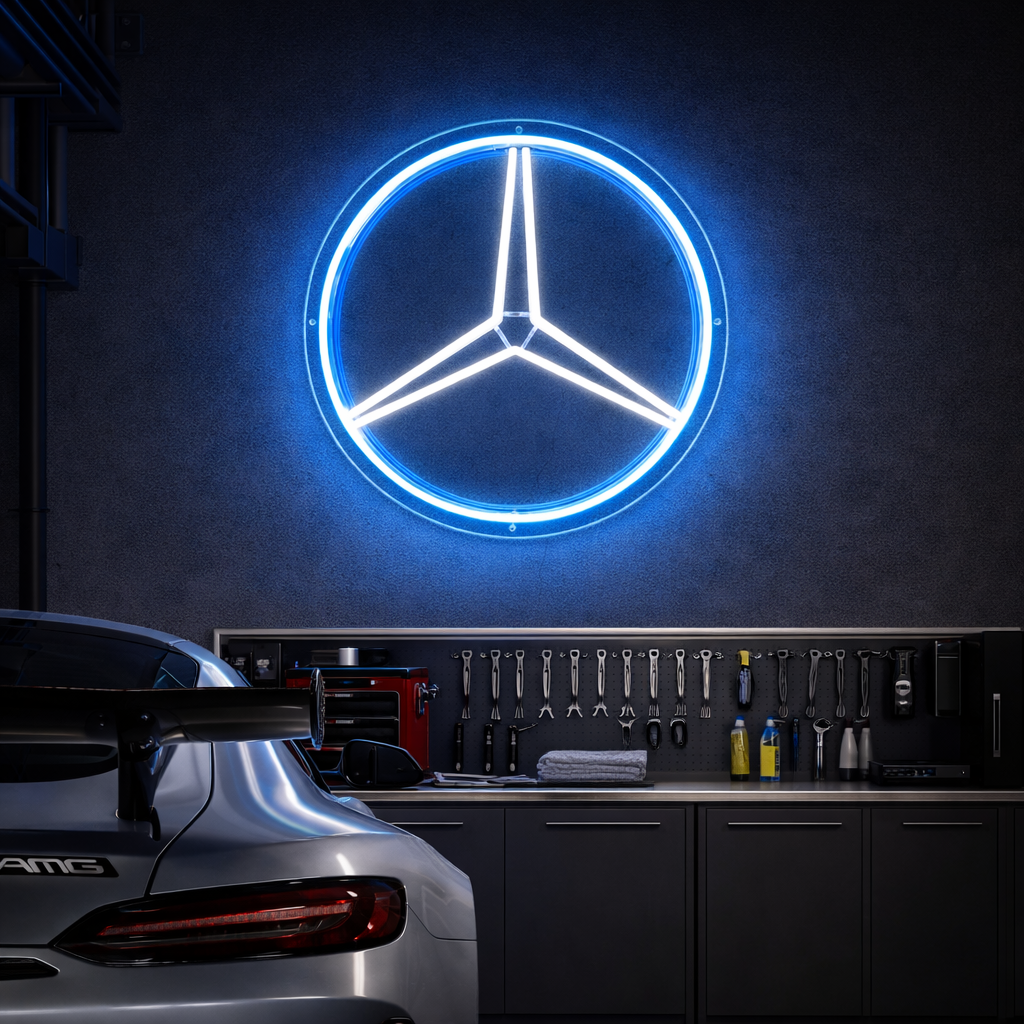 Luxury three-line star neon sign glowing red on a brick wall, featuring detailed clear tubing and mounting hardware for wall decor.