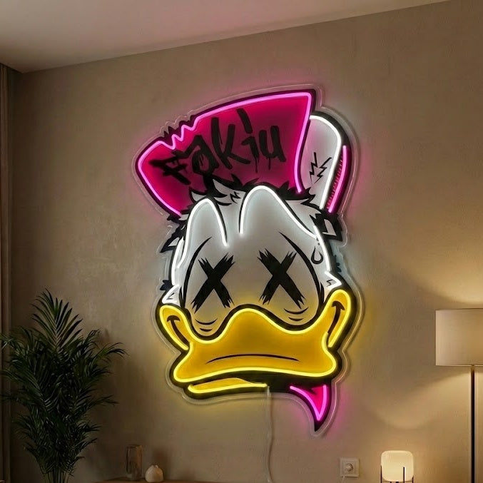 Punk Duck neon sign glowing on a textured bedroom wall above a skateboard, featuring a duck with a mohawk and leather jacket.