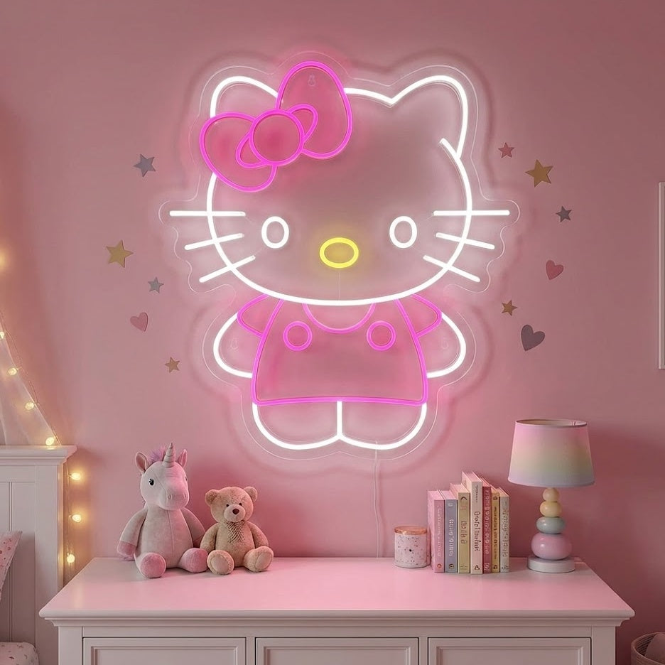 A glowing blue Anime Cat neon sign mounted on a bedroom wall above a desk.