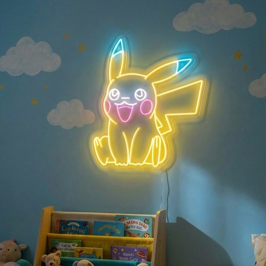 A glowing electric yellow Pikachu cartoon creature neon sign mounted on a textured blue brick wall in a modern living room setting.