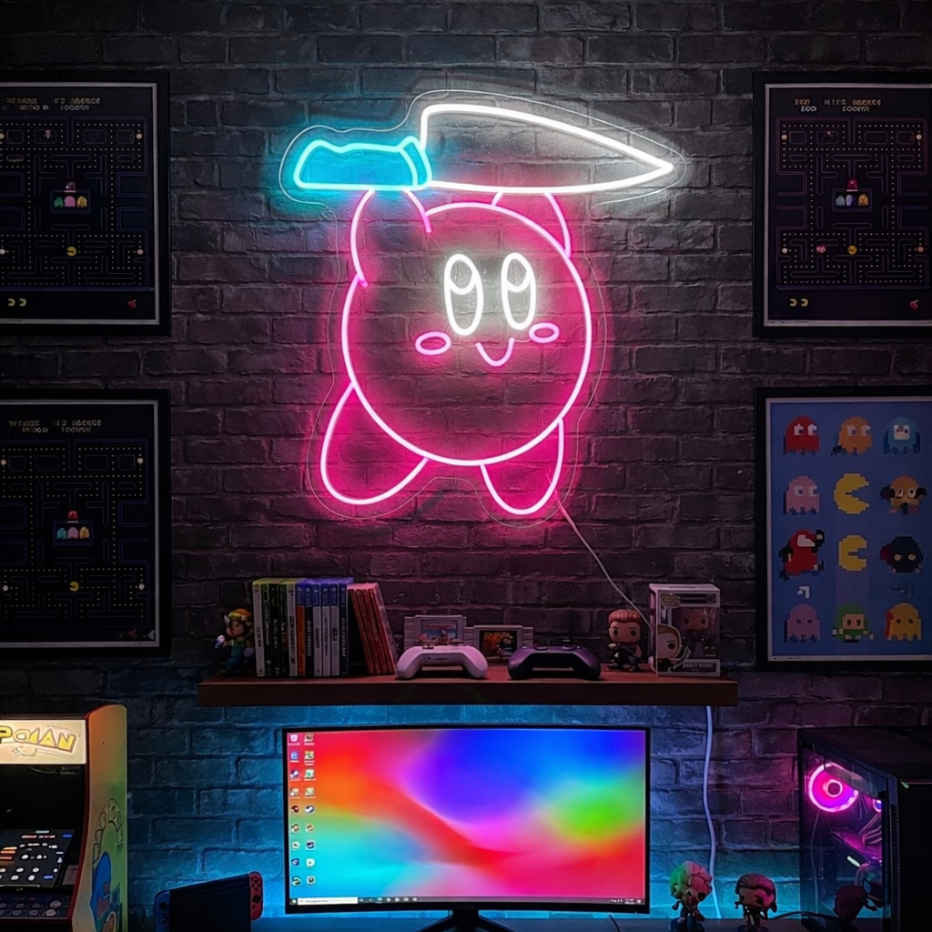 Cartoon Character with Knife Neon Sign lit up in a gamer room mockup, glowing purple on a dark brick wall above a desk with multiple monitors, keyboards, and PC setup.
