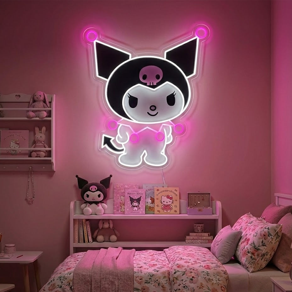 A lifestyle mockup of a Gothic Cartoon Character Neon Sign glowing with blue and pink light in a dimly lit, cozy room, adding an anime and gothic aesthetic.