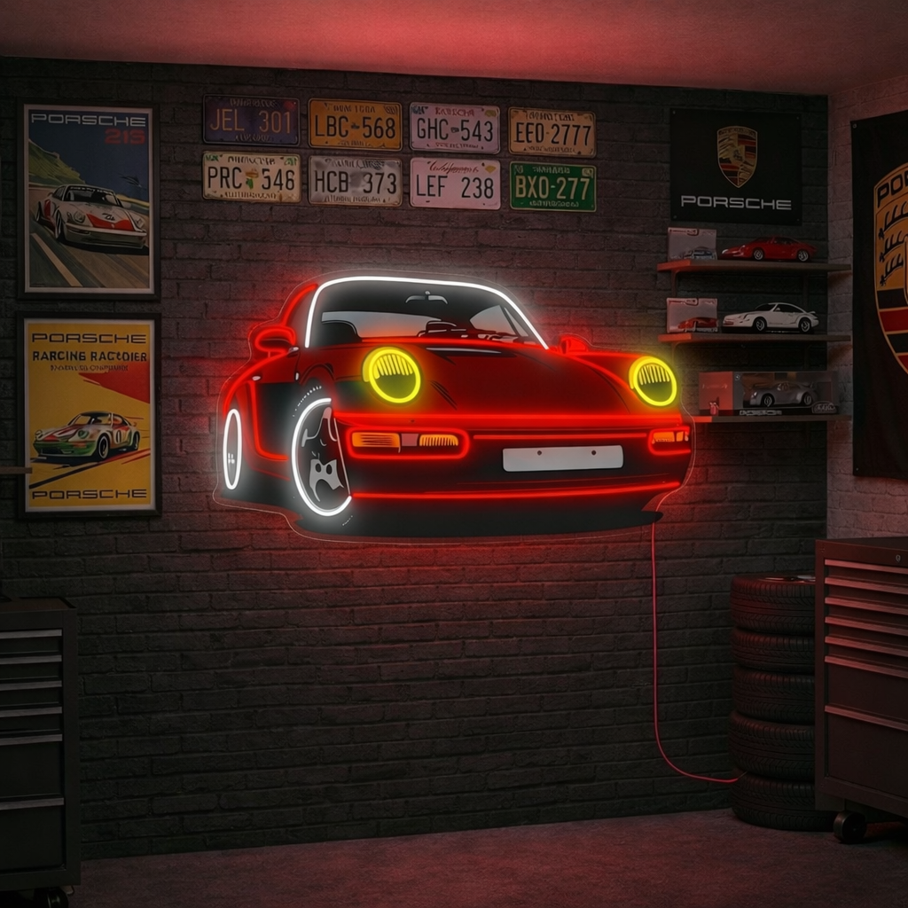A glowing Turbo Sports Car neon sign displayed in a contemporary room setting.