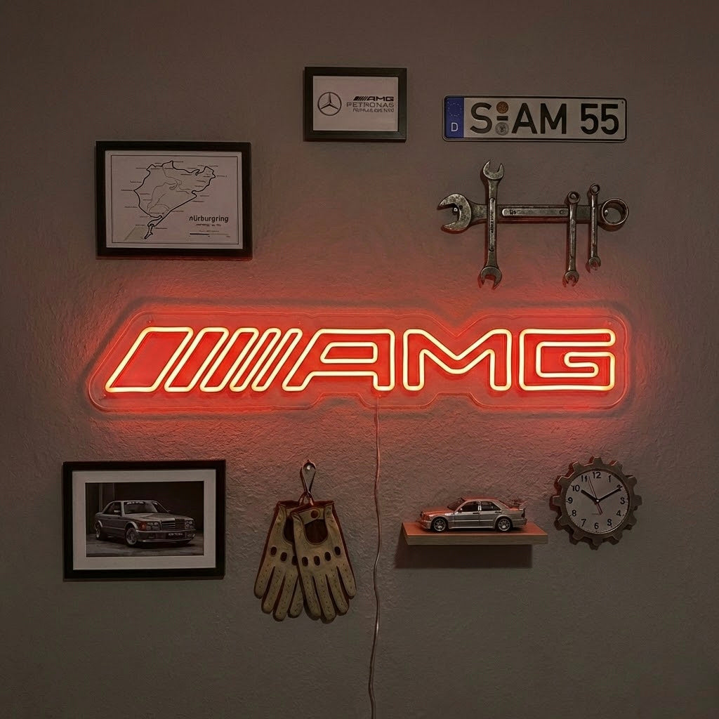 Vibrant glowing neon sign depicting a red and yellow sports car in profile, mounted in a workshop setting with tools in the background.
