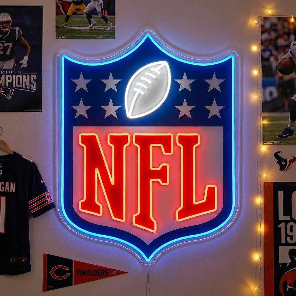 NFL shield logo neon sign for a Miami football fan space