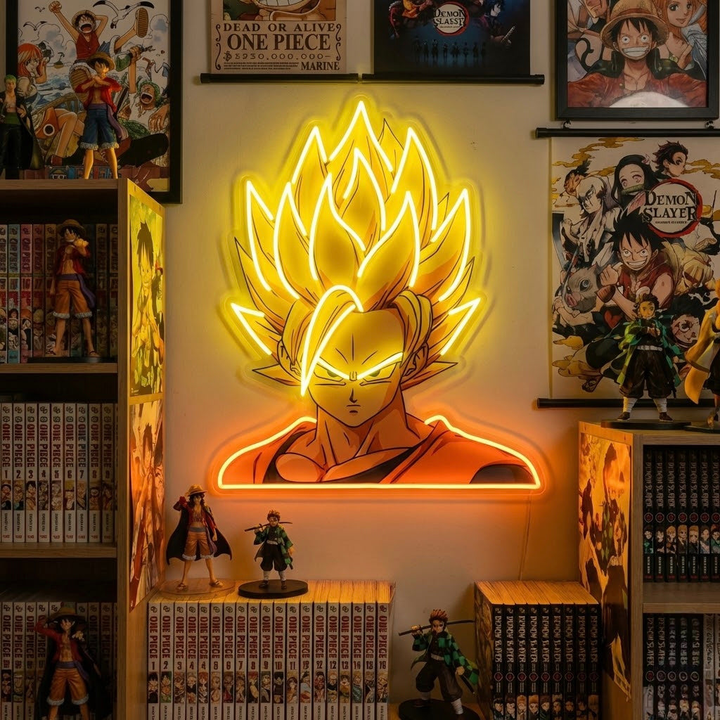 A detailed anime warrior UV print neon sign glowing brightly on a wall in a modern room setting.