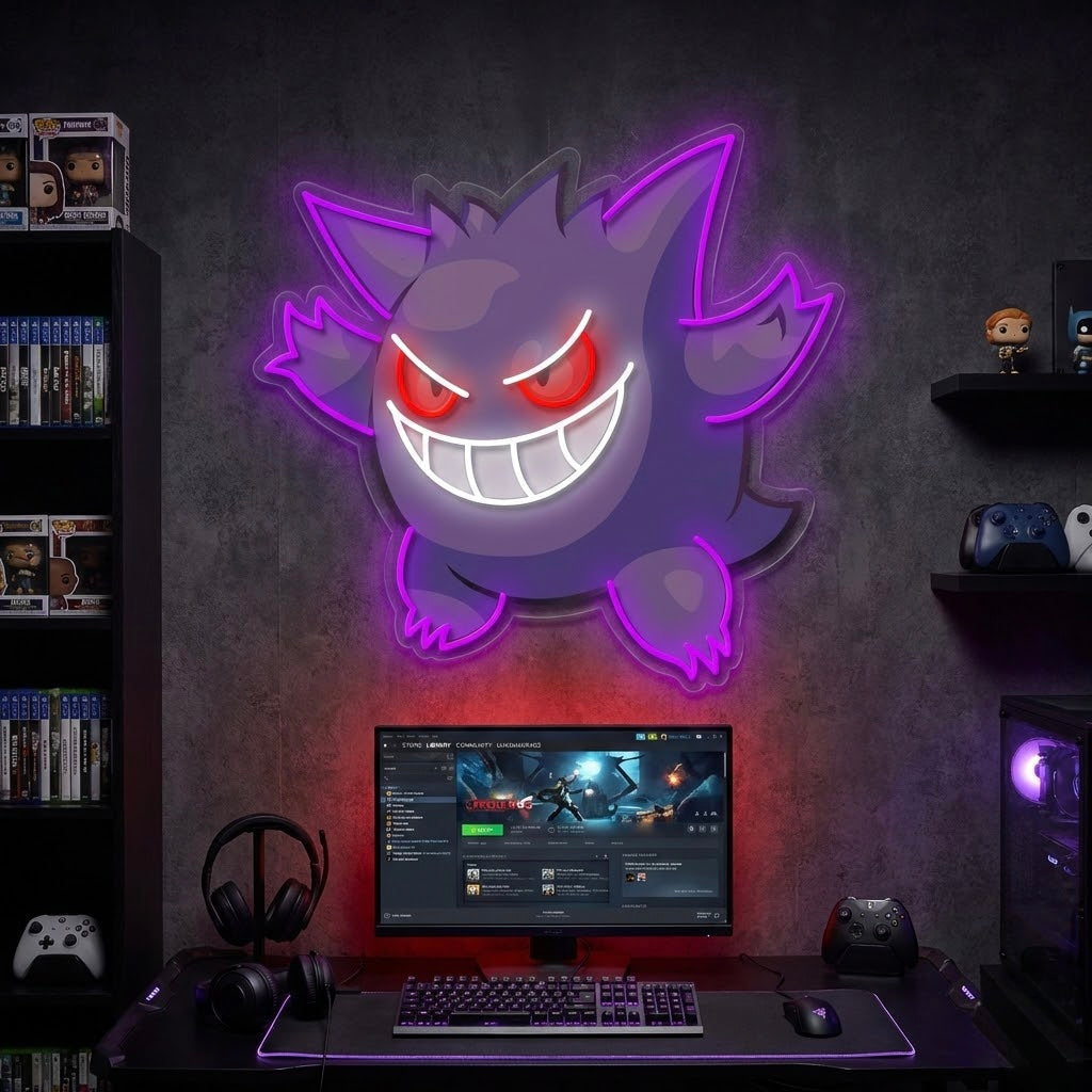 A Game Monster UV Print Neon Sign featuring the Pokemon Gengar glowing purple against a curated gamer bedroom backdrop with a desk and shelving.