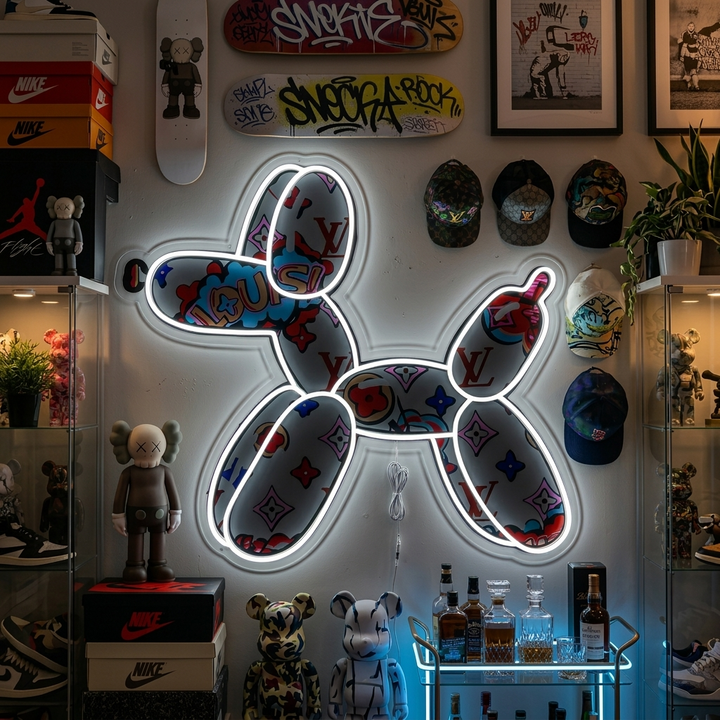 Vibrant Balloon Dog UV Print Neon Sign glowing pink and white, mounted on a grey textured wall in a modern room setting.