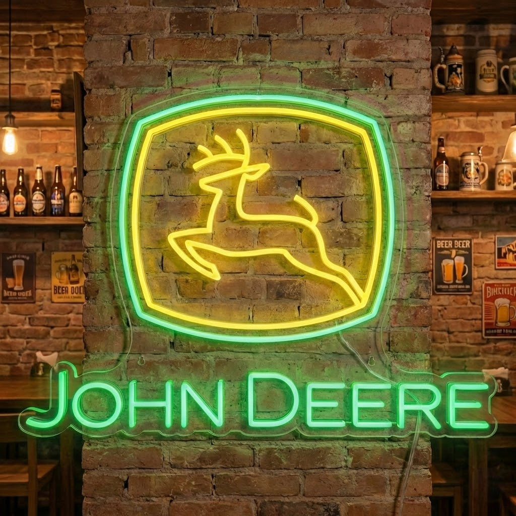 A illuminated Deer Head Neon Sign, featuring bright yellow and green glow in a rustic brick wall environment alongside bottles and posters.