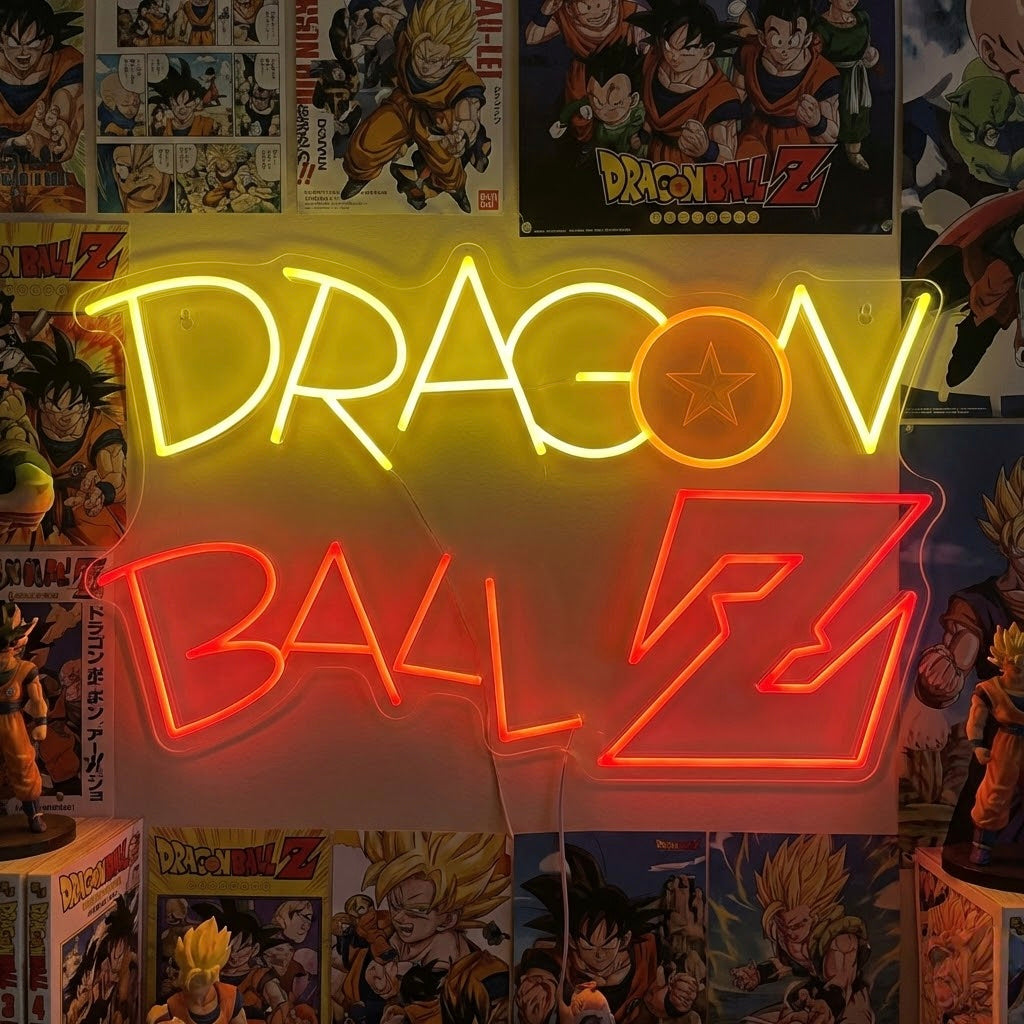 A glowing red anime energy symbol neon sign mounted on a dark wall in a gaming room environment