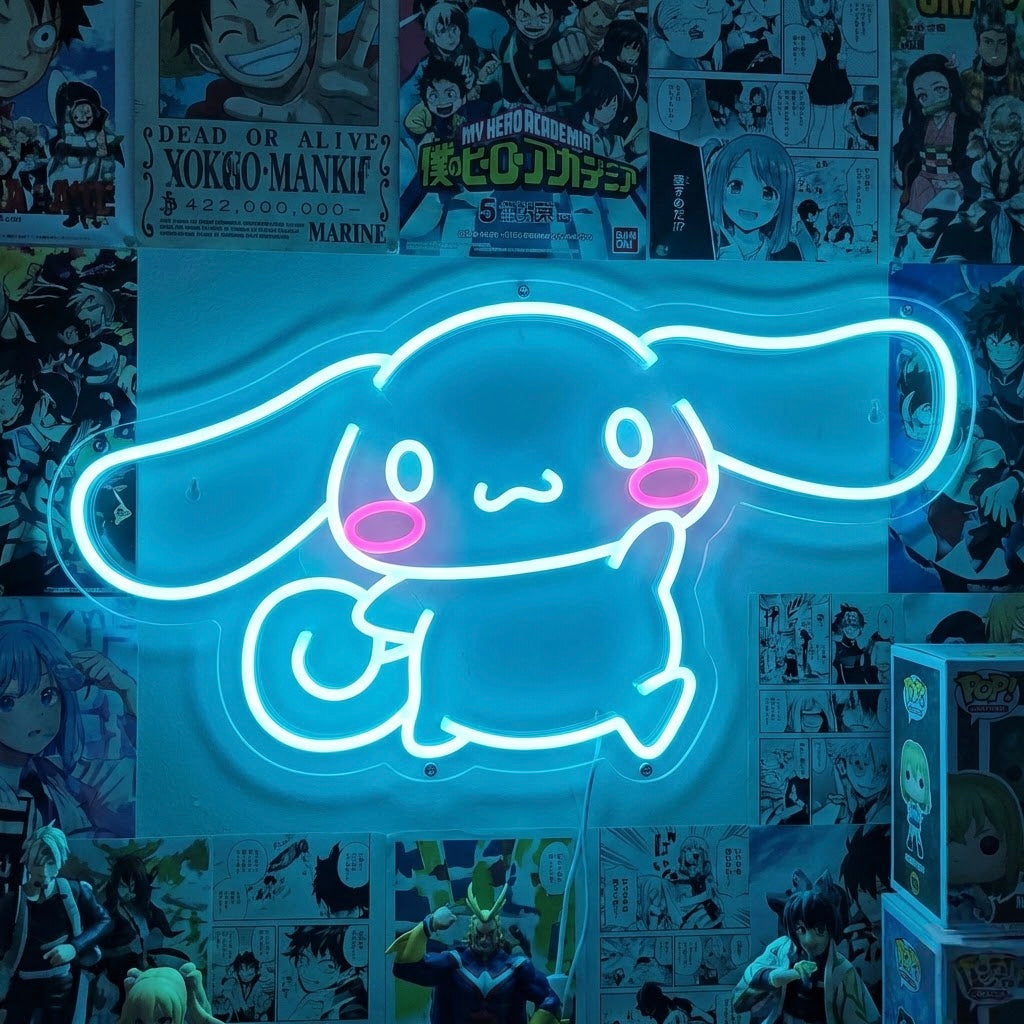 Glow in the dark anime dog character neon sign mounted on a wall covered in posters, showing blue and white glowing outlines and acrylic backing.