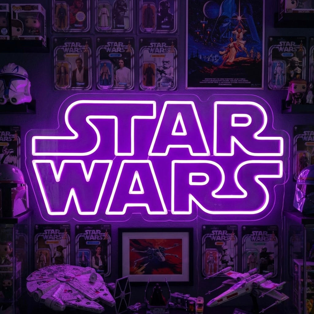 Space Battle Lettering Neon Sign mounted on a wall above a desk with a laptop and various Star Wars themed collectibles, glowing in blue and red.