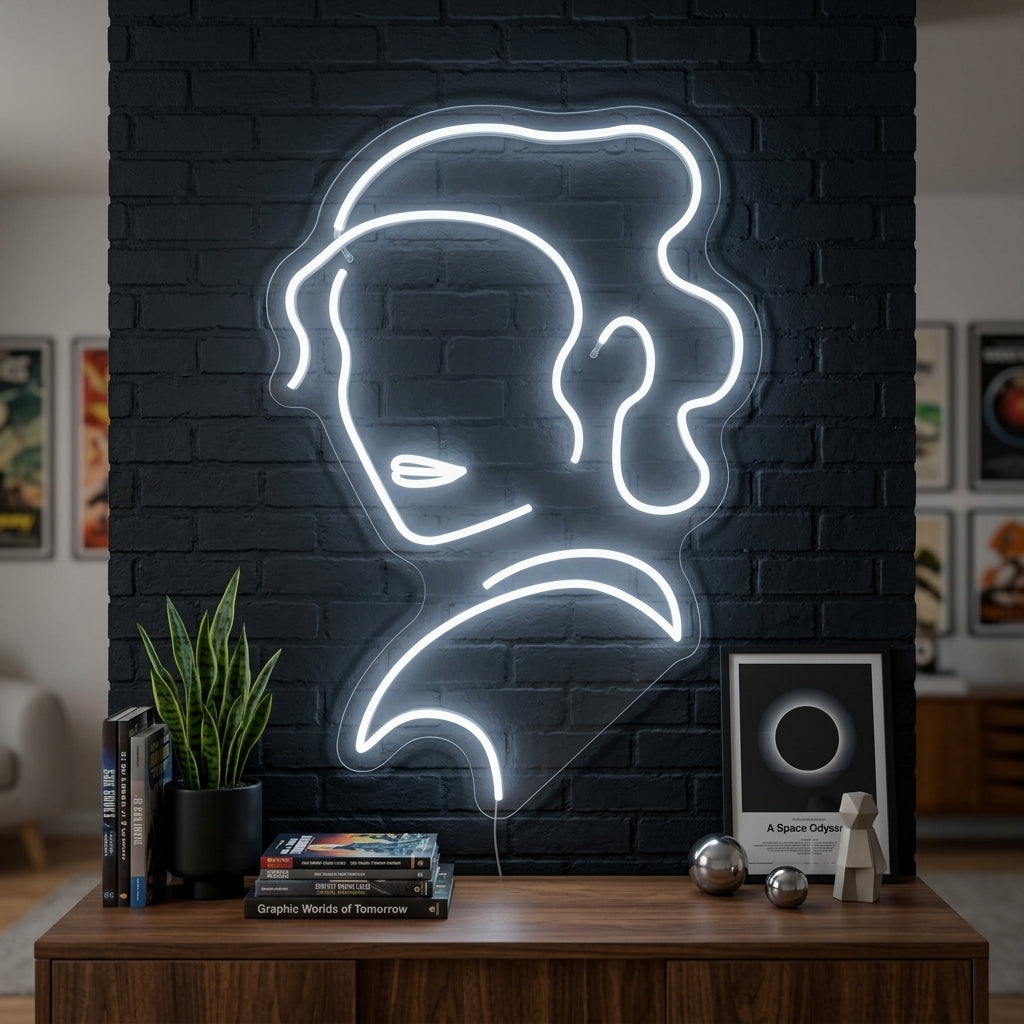 A glowing red neon sign depicting a futuristic female warrior silhouette, mounted on a dark textured wall in a modern room with a comfortable couch.
