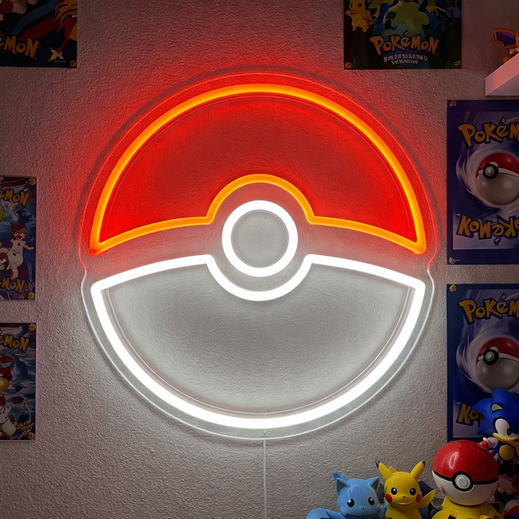 Pocket Ball icon glowing neon sign mounted on a clear acrylic backing against a wall with memorabilia