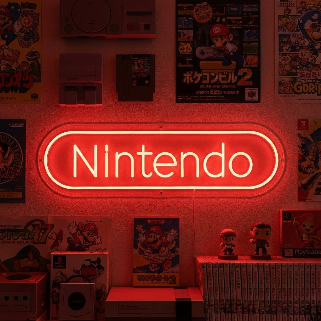 A glowing red and blue retro-style neon sign with classic pixelated lettering that reads 'RETRO GAME ROOM', mounted on a wall in a home arcade setting next to game memorabilia and shelves.