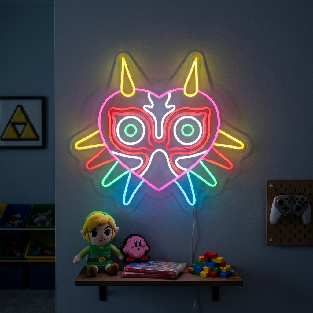 Dark Fantasy Mask neon sign illuminated on a black grid wall next to shelves with Nintendo Switch games