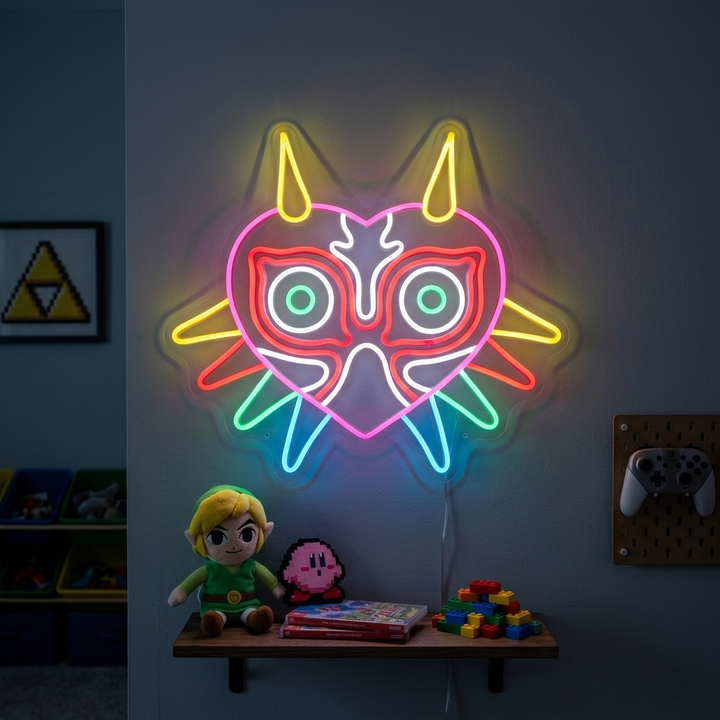 Dark Fantasy Mask neon sign illuminated on a black grid wall next to shelves with Nintendo Switch games