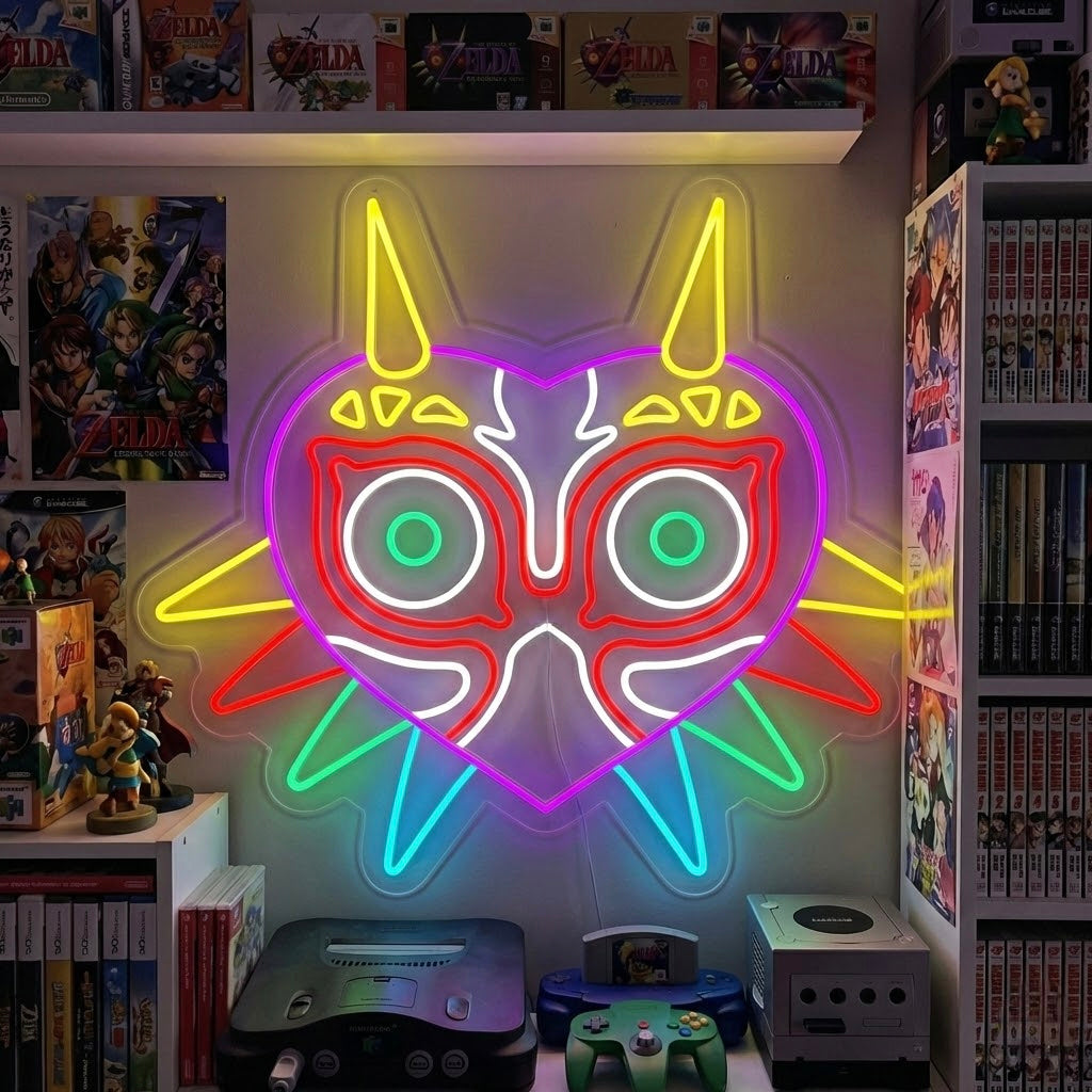 Glowing Dark Fantasy Mask neon wall sign in a detailed game room with video game collectibles and amiibos