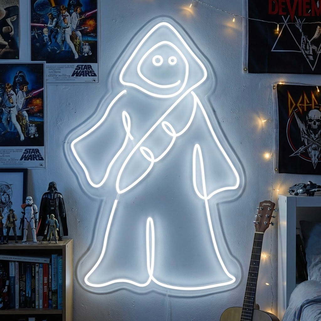 Desert Scavenger Figure Neon Sign glowing with blue and warm white light on a wall.