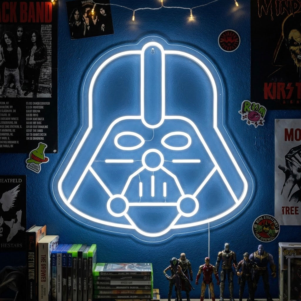 Dark Helmet Villain Silhouette Neon Sign illuminated against a wall with posters