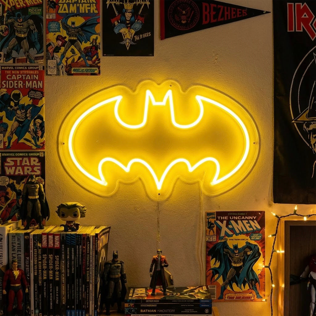 A glowing bat silhouette neon sign in blue light mounted on a wall in a themed game room or fan's bedroom, surrounded by collectibles.