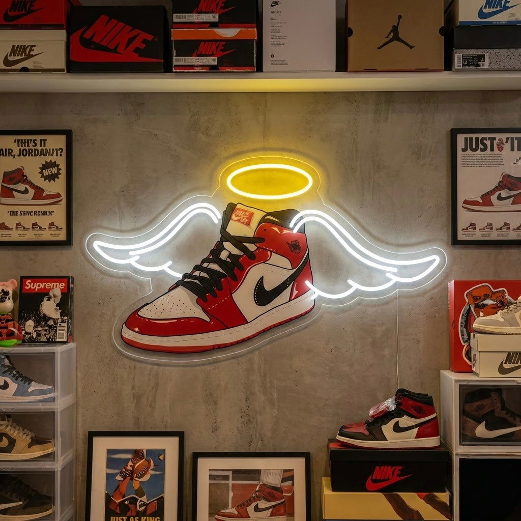 A luminous neon wall sign featuring a detailed UV printed graphic of a sneaker with wings, glowing blue and pink, mounted in a collector's room filled with sneaker boxes and urban decor.