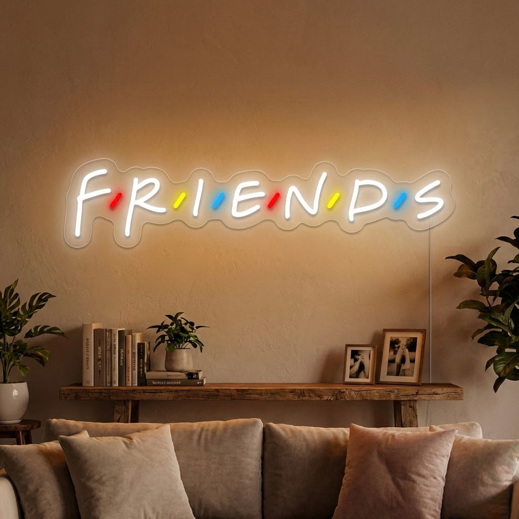 Cozy living room corner with 'Friend' script neon sign glowing in warm orange light, mounted on a brick wall above a couch.
